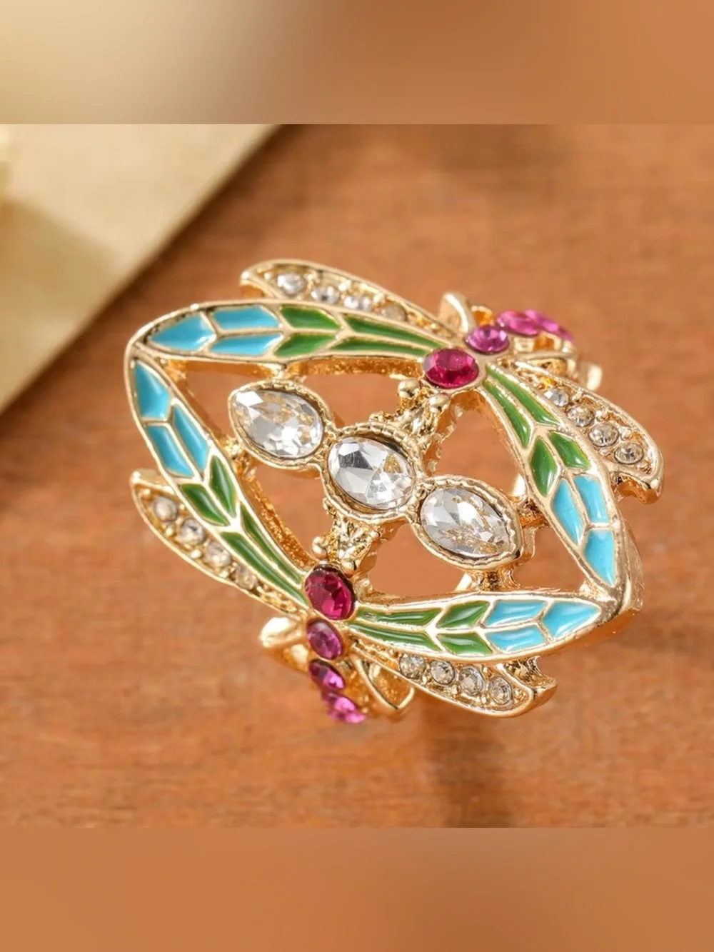 NEW! Vintage Style dragonfly Multicolor Enamel & Crystal Statement Ring